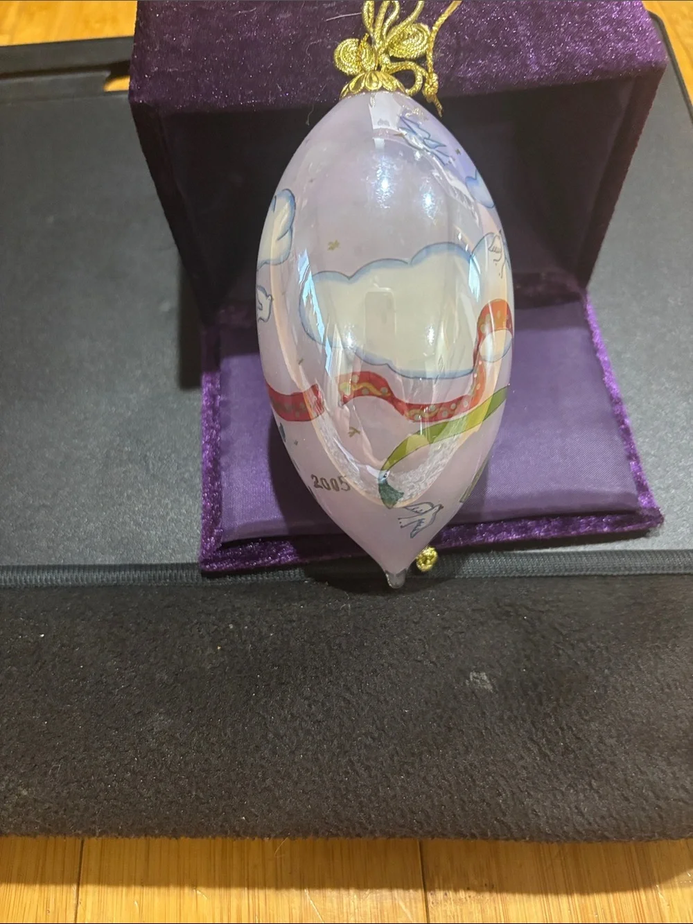 Pier 1 Purple and Gold Reverse Hand-Painted Angel with Harp Ornament